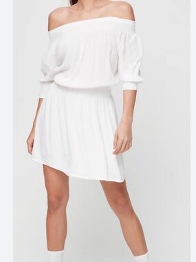 Aritzia Sunday Best White One-Shoulder Smocked Waist Mini Dress